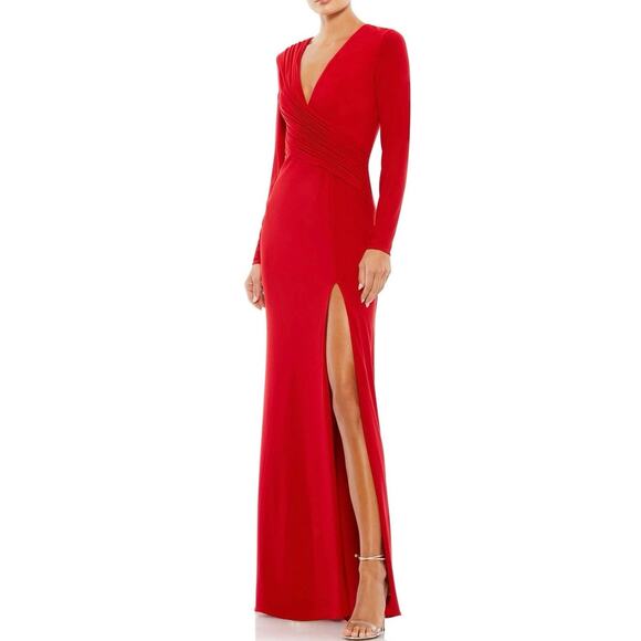 MAC DUGGAL 26686 Jersey Long Sleeve Asymmetrical Ruched Gown Size 4 New w/ Tag - Picture 1 of 4